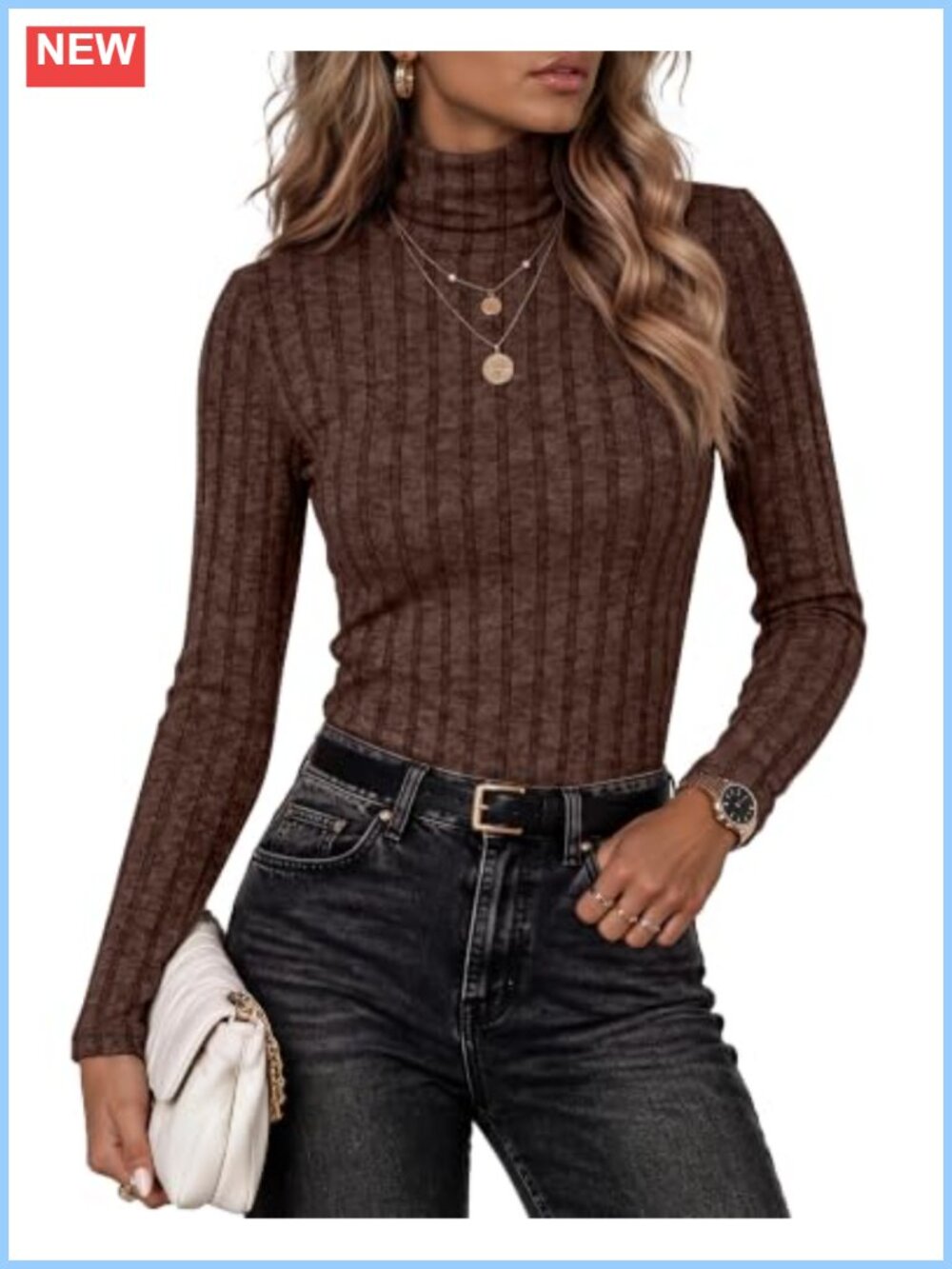 Ribbed Turtleneck Sweater Long Sleeve Slim Fit Pullover Top